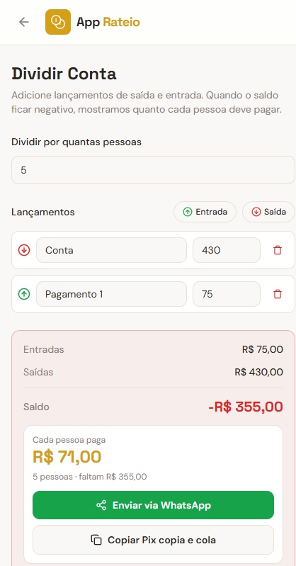 Tela de dividir conta do App Rateio