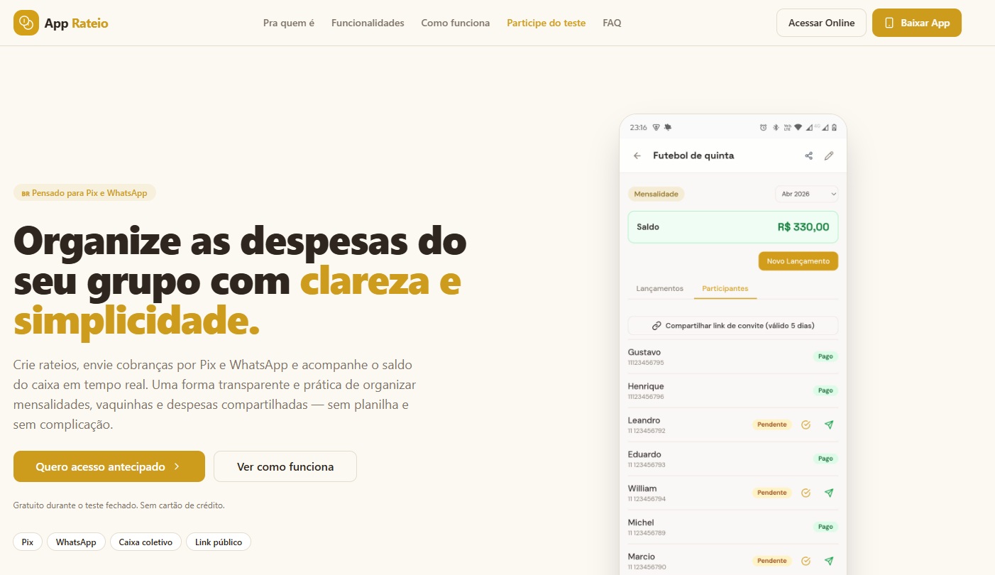 Página inicial do App Rateio