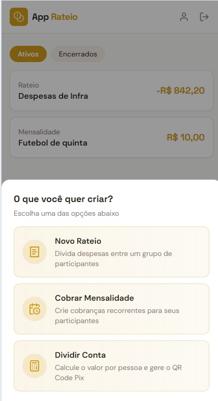Menu de criação de rateios no App Rateio